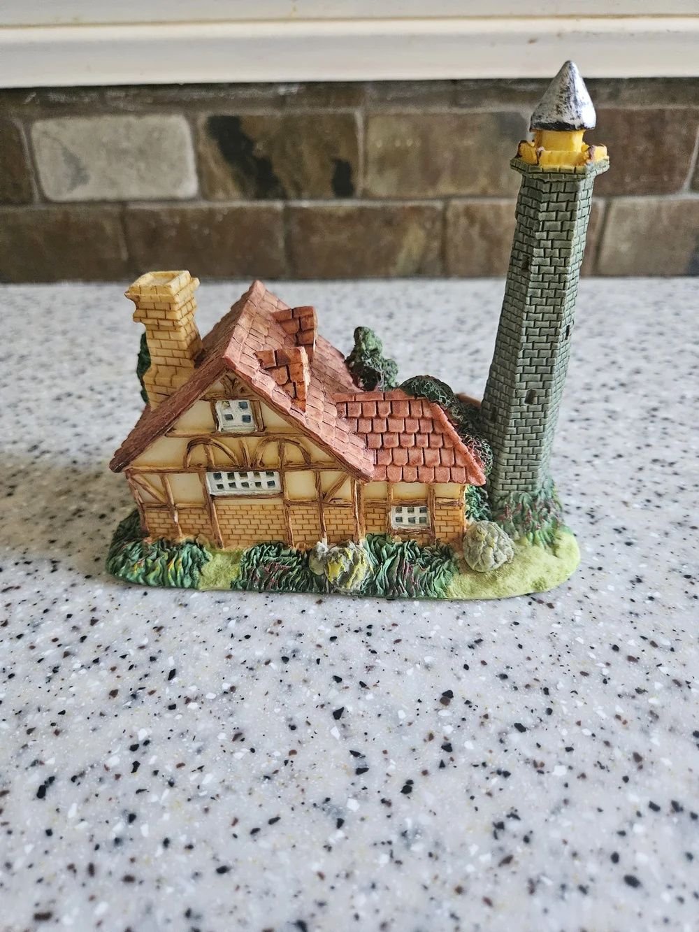 Miniature Cottage Clock Sculpture - Green and Tan Home Wall Decor